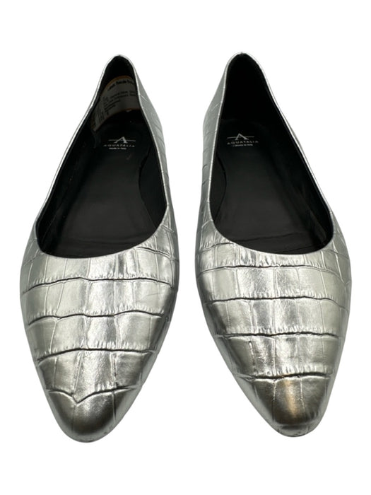 Aquatalia Shoe Size 9 Silver Pointed Toe Croc Embossed Block Heel metallic Flats Silver / 9