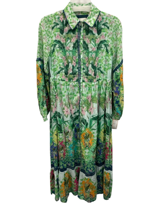 By Anthropologie Size XXS Green & Blue Cotton & Silk Flora & Fauna Dress Green & Blue / XXS