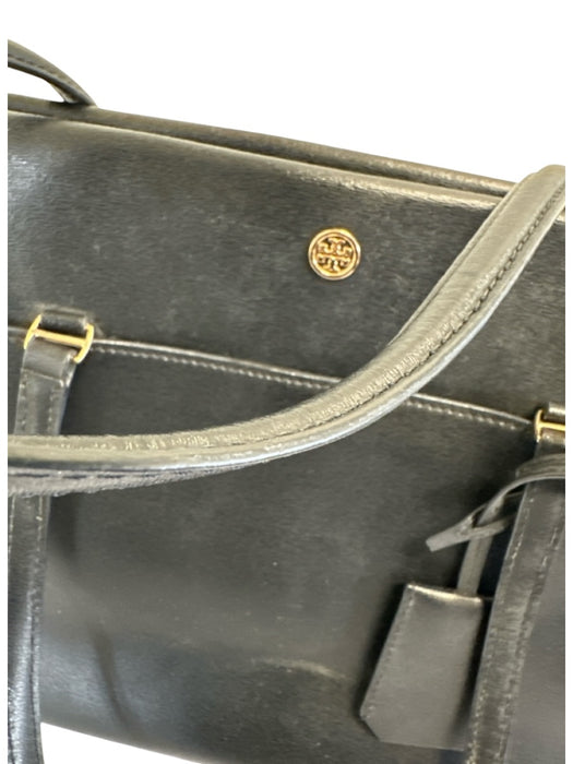 Tory Burch Black Leather Zip Top Two Handles Side Pocket Tote Bag Black