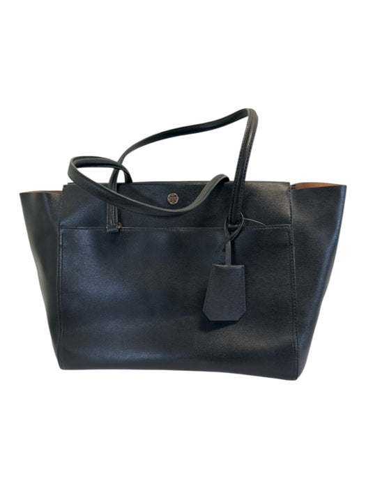 Tory Burch Black Leather Zip Top Two Handles Side Pocket Tote Bag Black
