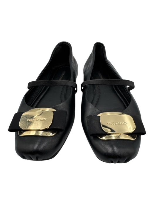 Salvatore Ferragamo Shoe Size 4.5 Black & Gold Leather Grosgrain Bow Strap Flats Black & Gold / 4.5
