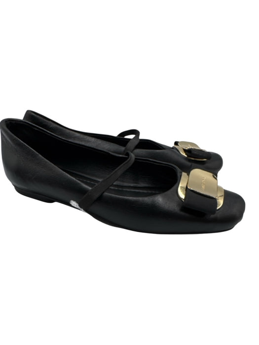 Salvatore Ferragamo Shoe Size 4.5 Black & Gold Leather Grosgrain Bow Strap Flats Black & Gold / 4.5