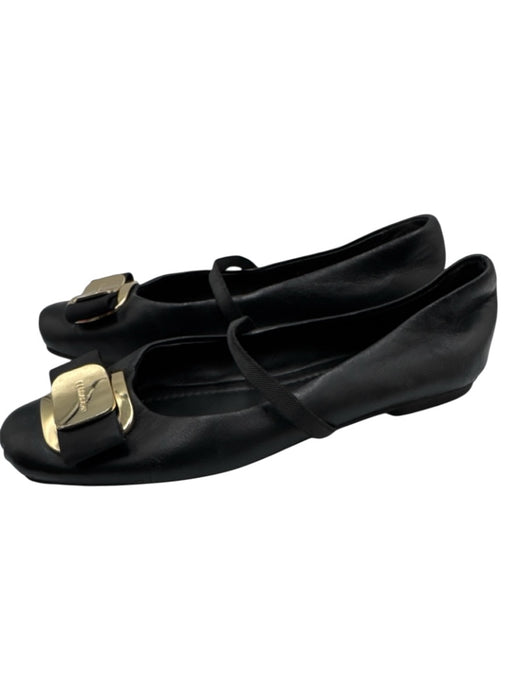 Salvatore Ferragamo Shoe Size 4.5 Black & Gold Leather Grosgrain Bow Strap Flats Black & Gold / 4.5