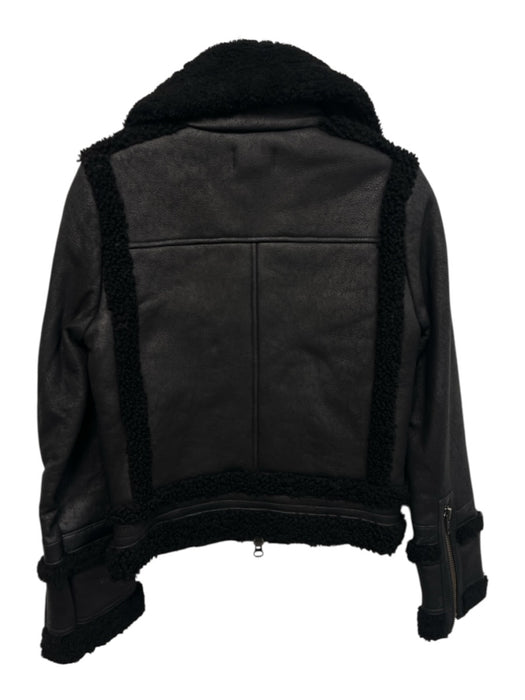 Intermix Size S Black Leather & Shearling Long Sleeve Zip Front Lined Jacket Black / S