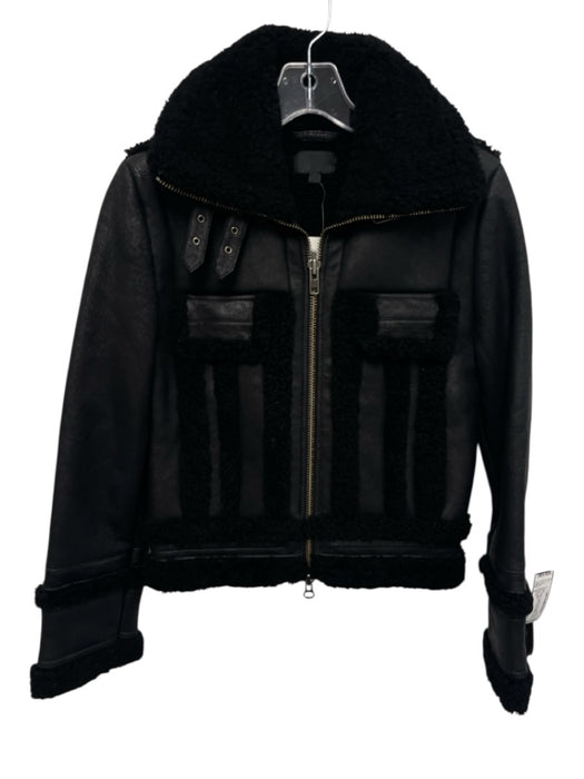 Intermix Size S Black Leather & Shearling Long Sleeve Zip Front Lined Jacket Black / S