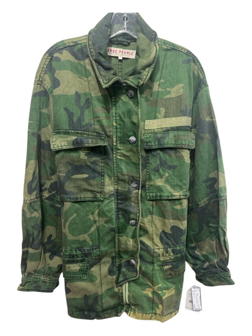 Free People Size M Green & Multi Cotton Camo Zip Up Collar Pockets Jacket Green & Multi / M
