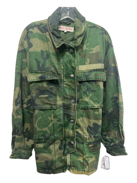 Free People Size M Green & Multi Cotton Camo Zip Up Collar Pockets Jacket Green & Multi / M