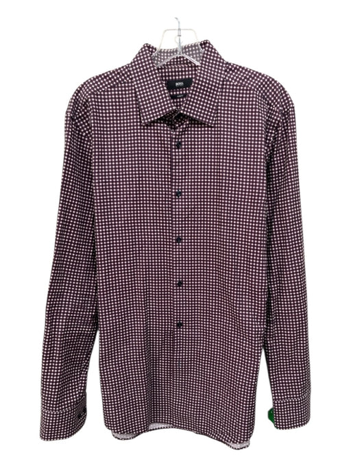 Boss Size L Red & Navy Cotton Blend Abstract Button up Men's Long Sleeve Shirt Red & Navy / L