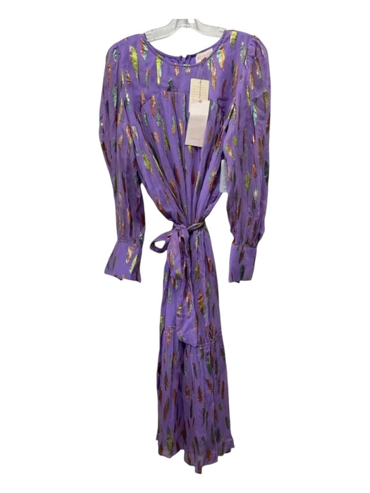 Ciebon Size L Purple Print Viscose Blend Metallic Long Sleeve Midi Dress Purple Print / L