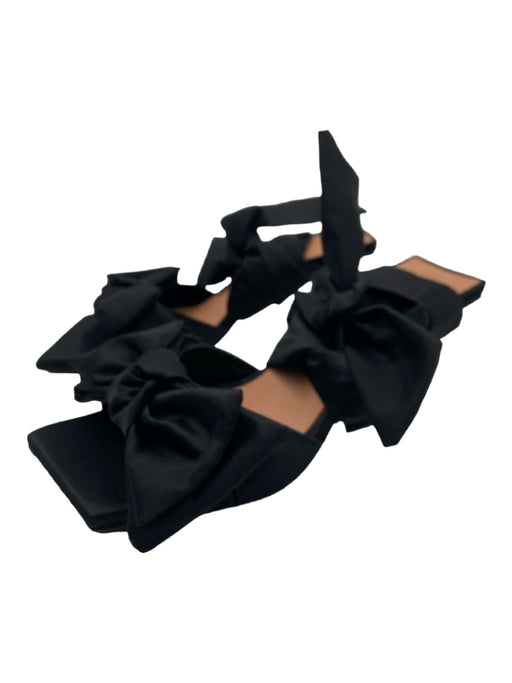 Ganni Shoe Size 38 Black Satin Open Square Toe Ankle Wrap Bow Sandal Pumps Black / 38