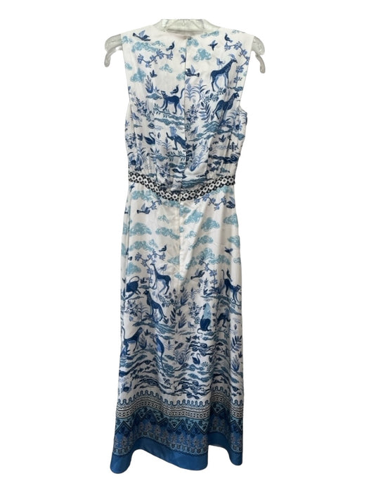 Saloni Size 2 White & Blue Silk Sleeveless Open Back Animal Print Dress White & Blue / 2