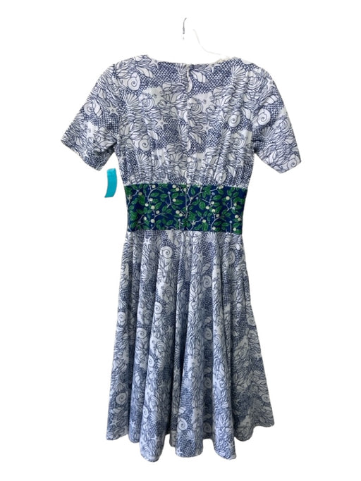 Coco Shop Size XS White Blue Green Cotton Abstract Short Sleeve Midi Dress White Blue Green / XS