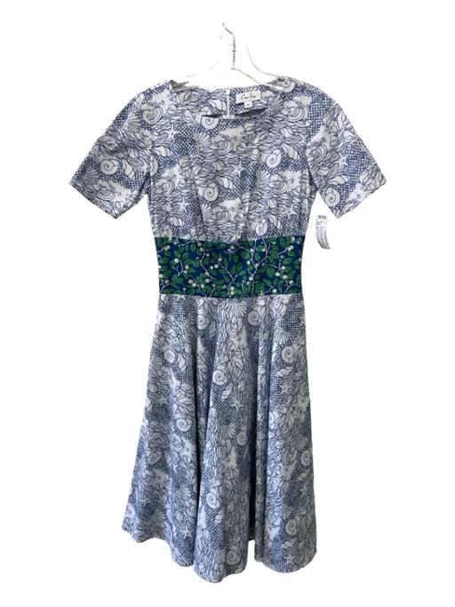 Coco Shop Size XS White Blue Green Cotton Abstract Short Sleeve Midi Dress White Blue Green / XS