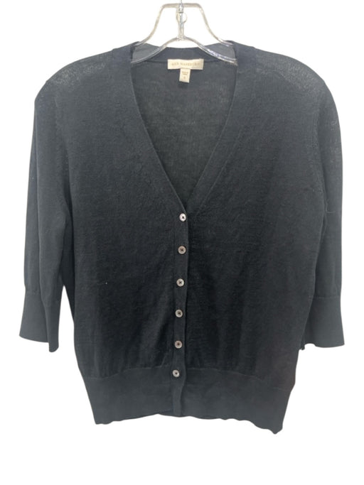 Ann Mashburn Size S Black Linen Button Front 3/4 Sleeve V Neck Cardigan Black / S