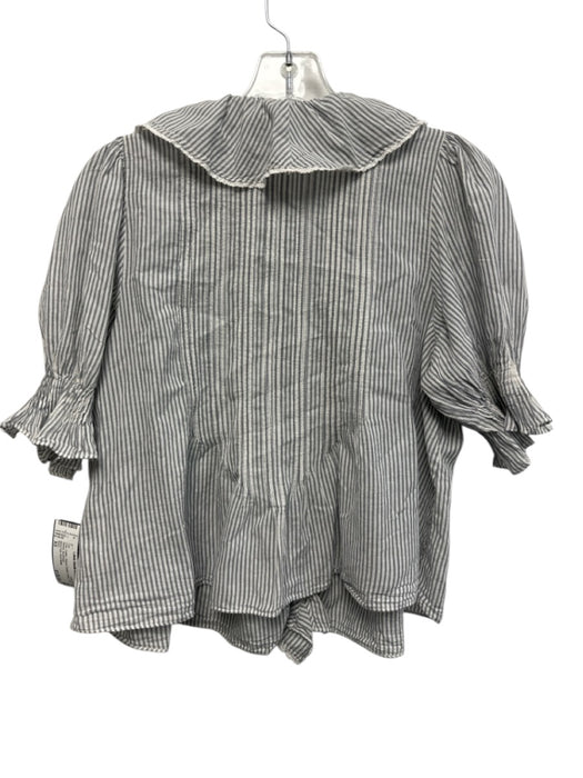 Doen Size XS Grey Cotton Striped Ruffle V Neck Puff Sleeve Top Grey / XS
