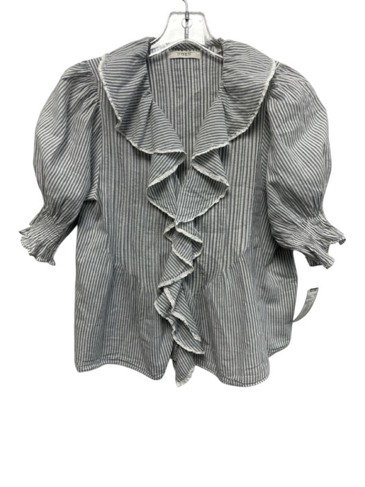 Doen Size XS Grey Cotton Striped Ruffle V Neck Puff Sleeve Top Grey / XS