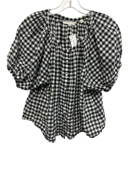Doen Size XS Black & White Cotton Checked Puff Sleeve Button Front Top Black & White / XS