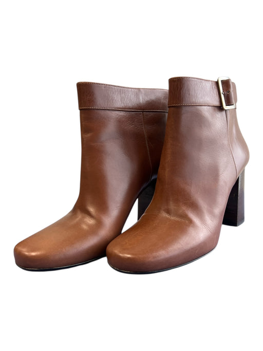 Prada Shoe Size 40 Brown Leather Silver Buckle Stacked Heel Almond Toe Booties Brown / 40