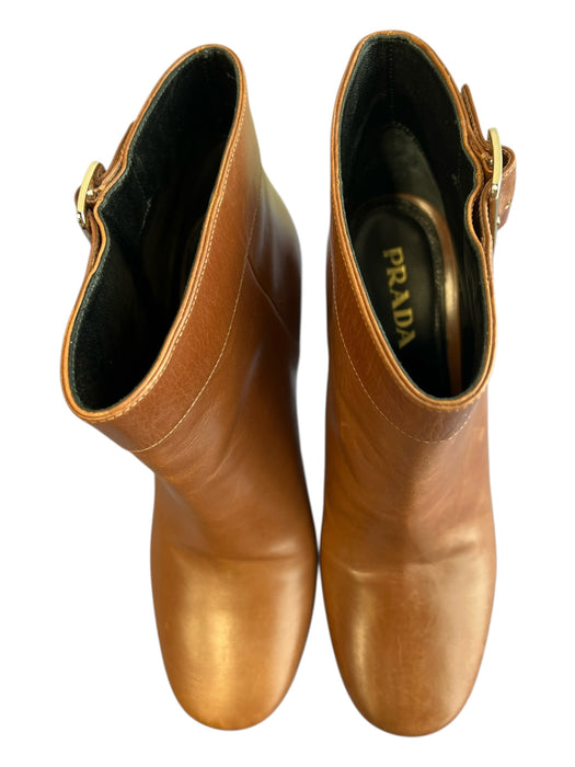 Prada Shoe Size 40 Brown Leather Silver Buckle Stacked Heel Almond Toe Booties Brown / 40