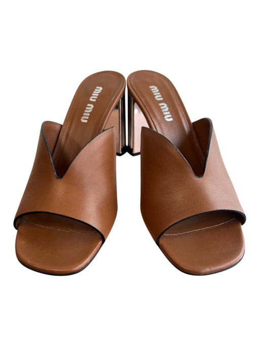 Miu Miu Shoe Size 39 Brown & Silver Leather Open Square Toe Open Heel Shoes Brown & Silver / 39