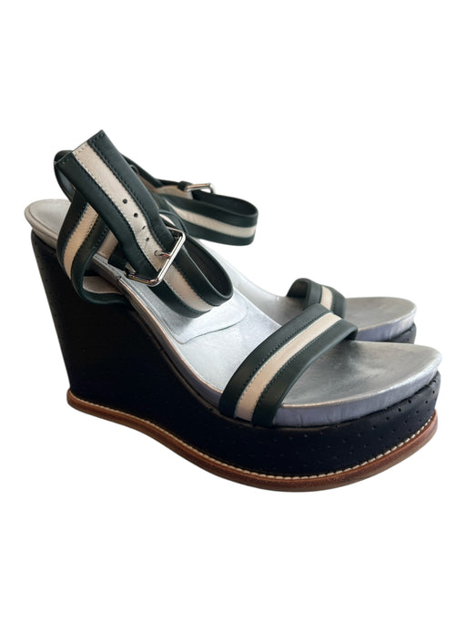 Marni Shoe Size 40 Black Green & Gray Leather Strappy Perforated Wedge Shoes Black Green & Gray / 40