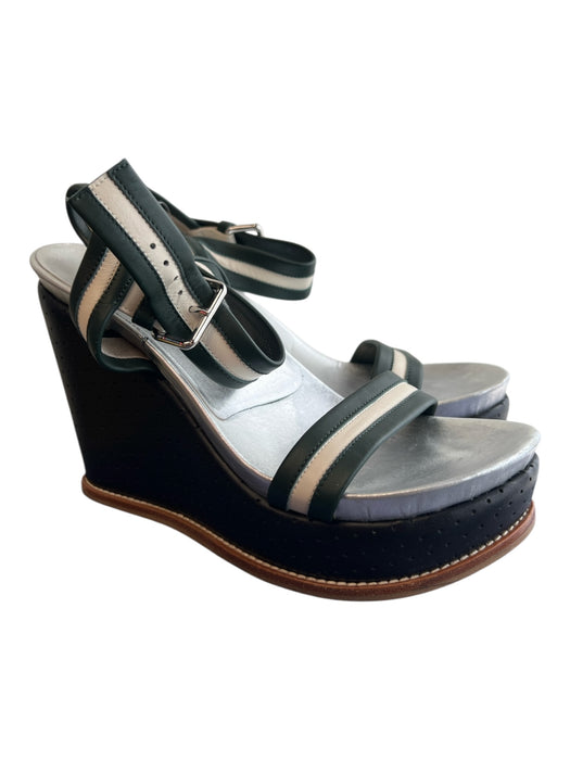 Marni Shoe Size 40 Black Green & Gray Leather Strappy Perforated Wedge Shoes Black Green & Gray / 40