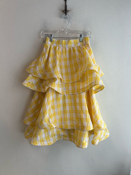 Buru Size XS Yellow No Fabric Tag Back Zip Tiered Plaid Ruffle Skirt