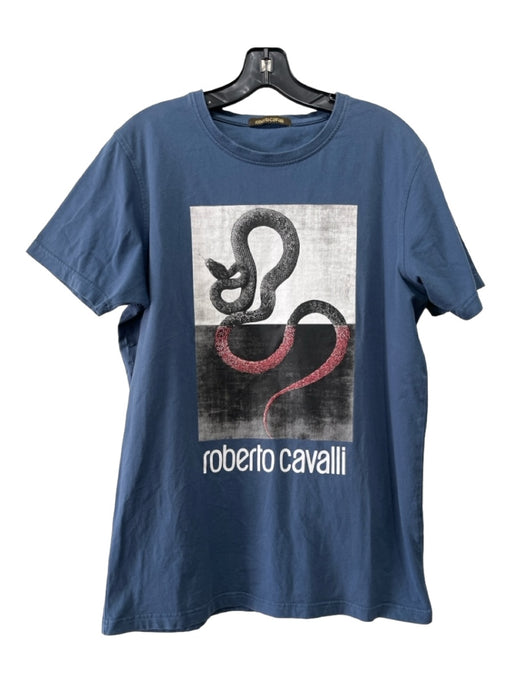 Roberto Cavalli Size XL Blue & White Cotton Blend Snake Crew Neck Short Sleeve XL