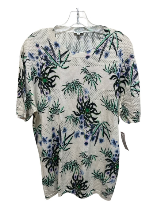 Kenzo Size Est L White & Blue Cotton Blend Floral Knit Crew Men's Short Sleeve White & Blue / Est L