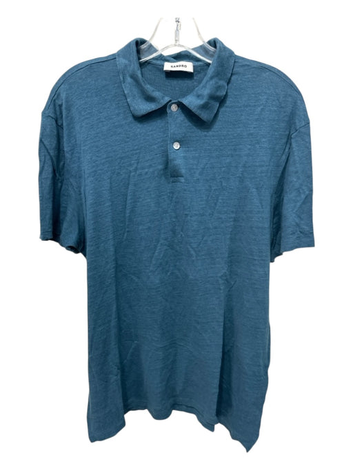 Sandro Size Est L Blue Linen Blend Solid Polo Men's Short Sleeve Blue / Est L