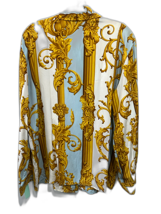 Ferre Size 44 Baby Blue, Yellow & White Silk Long Sleeve Barocco Print Top Baby Blue, Yellow & White / 44