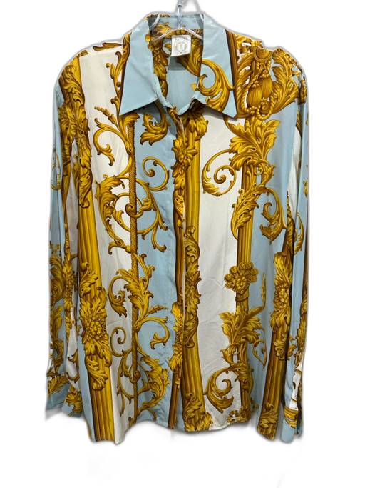 Ferre Size 44 Baby Blue, Yellow & White Silk Long Sleeve Barocco Print Top Baby Blue, Yellow & White / 44