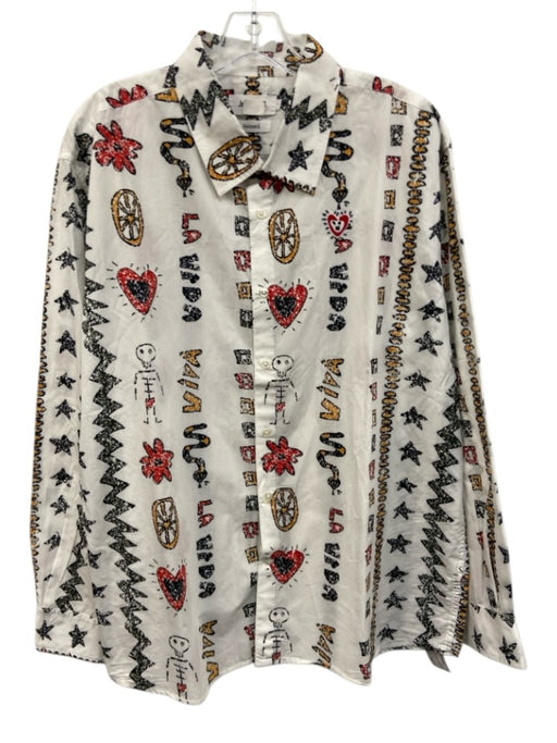 Desigual Size L White & Black Cotton Hearts Button Up Men's Long Sleeve Shirt White & Black / L