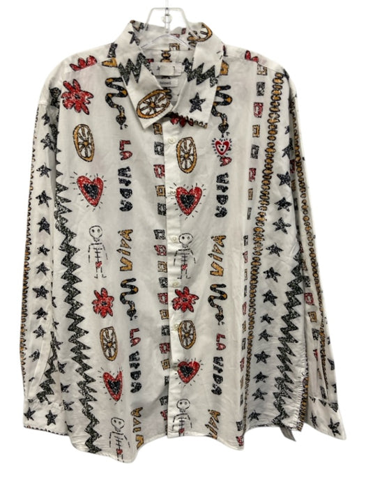 Desigual Size L White & Black Cotton Hearts Button Up Men's Long Sleeve Shirt White & Black / L