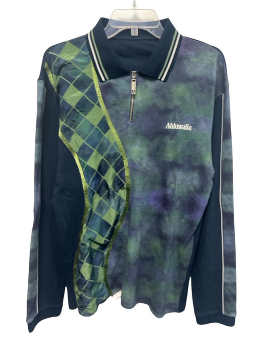 Ahluwalia Size L Green & Blue Cotton Blend Abstract Polo Men's Long Sleeve Shirt Green & Blue / L
