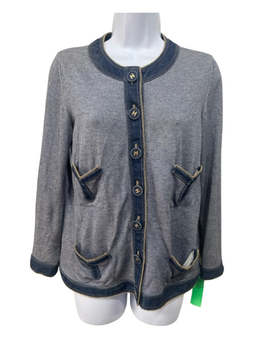 Chanel Size M Light Blue & Dark Blue Cotton Logo Buttons Chain Trim Cardigan Light Blue & Dark Blue / M