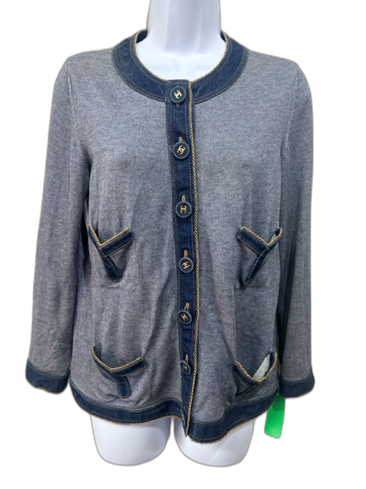 Chanel Size M Light Blue & Dark Blue Cotton Logo Buttons Chain Trim Cardigan Light Blue & Dark Blue / M