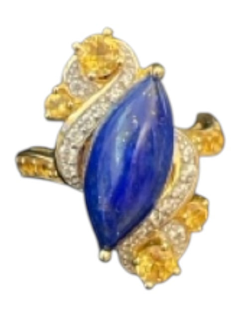 Gold & Blue 925 Gold Plated Marquise Cut Crystal Embellished Swirl Detail Ring Gold & Blue