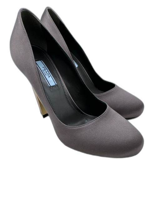 Prada Shoe Size 37.5 Gray & Gold Satin Round Toe Lightning Bolt High Heel Pumps Gray & Gold / 37.5