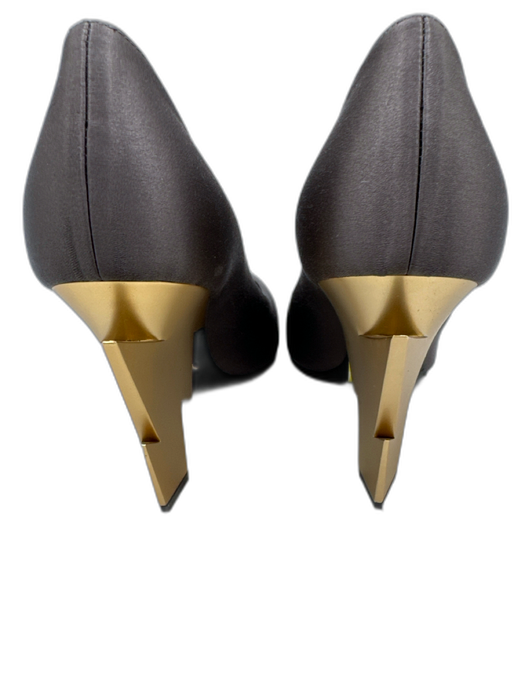 Prada Shoe Size 37.5 Gray & Gold Satin Round Toe Lightning Bolt High Heel Pumps Gray & Gold / 37.5