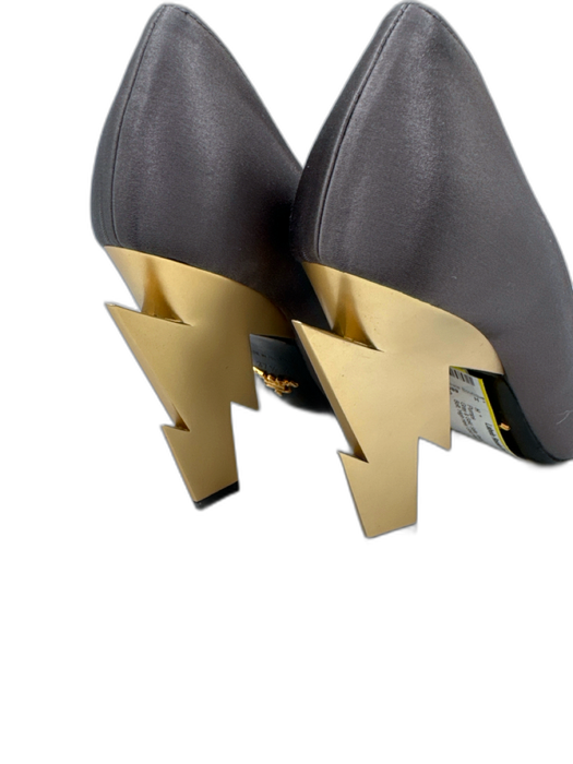 Prada Shoe Size 37.5 Gray & Gold Satin Round Toe Lightning Bolt High Heel Pumps Gray & Gold / 37.5