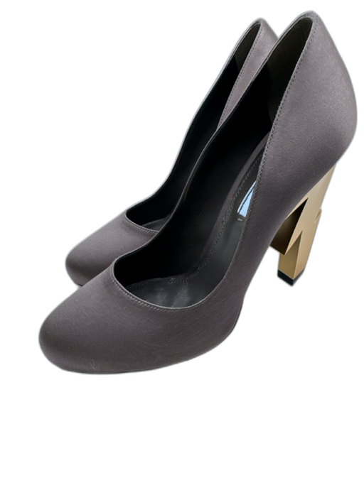 Prada Shoe Size 37.5 Gray & Gold Satin Round Toe Lightning Bolt High Heel Pumps Gray & Gold / 37.5