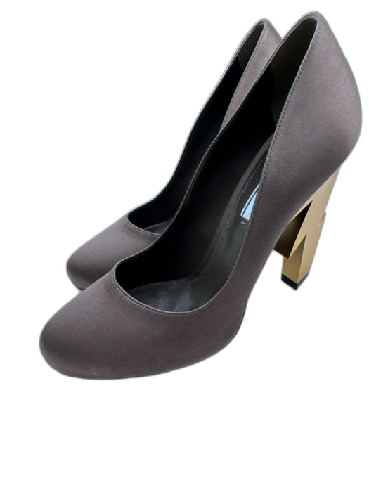 Prada Shoe Size 37.5 Gray & Gold Satin Round Toe Lightning Bolt High Heel Pumps Gray & Gold / 37.5
