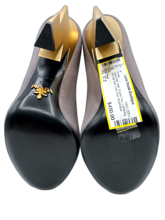 Prada Shoe Size 37.5 Gray & Gold Satin Round Toe Lightning Bolt High Heel Pumps Gray & Gold / 37.5