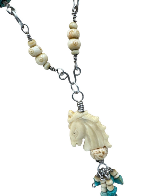 No Brand White, Blue, Silver Ivory Sterling Silver Hook Clasp Horse Necklace White, Blue, Silver
