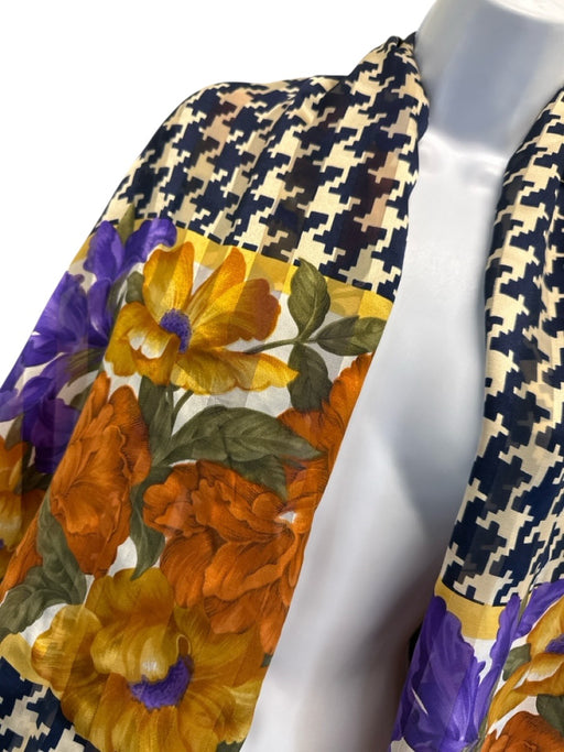 Valentino Orange, Yellow, Purple Silk Square Floral Houndstooth Rolled Hem scarf Orange, Yellow, Purple / XL