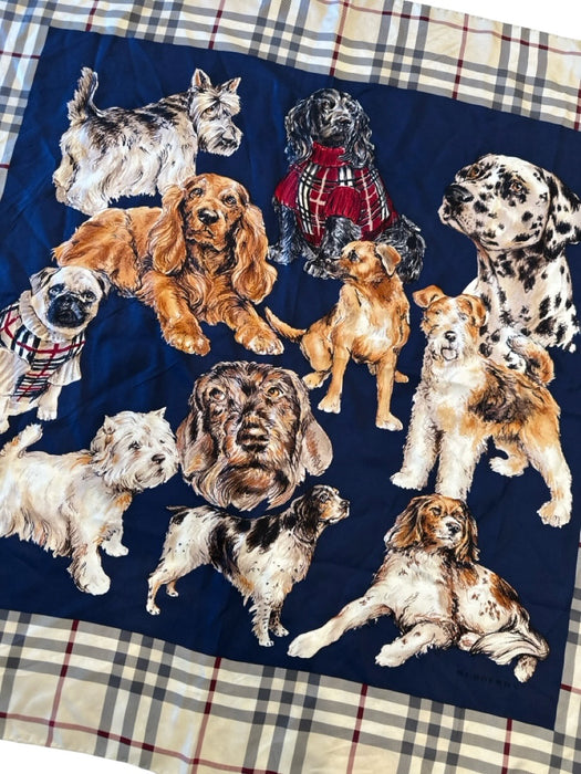 Burberry Blue, Red, Beige Silk Square Dog Print Plaid Rolled Hem scarf Blue, Red, Beige / Large