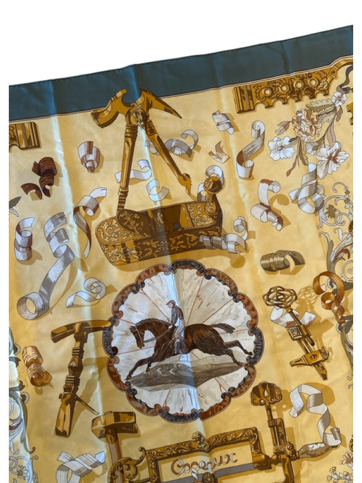 Hermes Green, Yellow, Brown Silk Square Floral Rolled Hem scarf Green, Yellow, Brown / 90cm