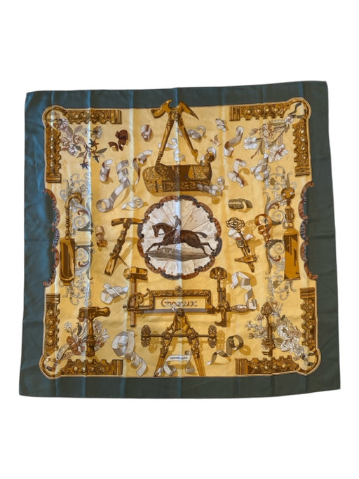 Hermes Green, Yellow, Brown Silk Square Floral Rolled Hem scarf Green, Yellow, Brown / 90cm