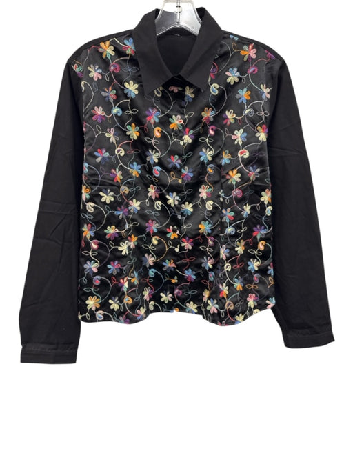 Anne Fontaine Size Est L Black & Multi Cotton Blend Button Front Collar Top Black & Multi / Est L